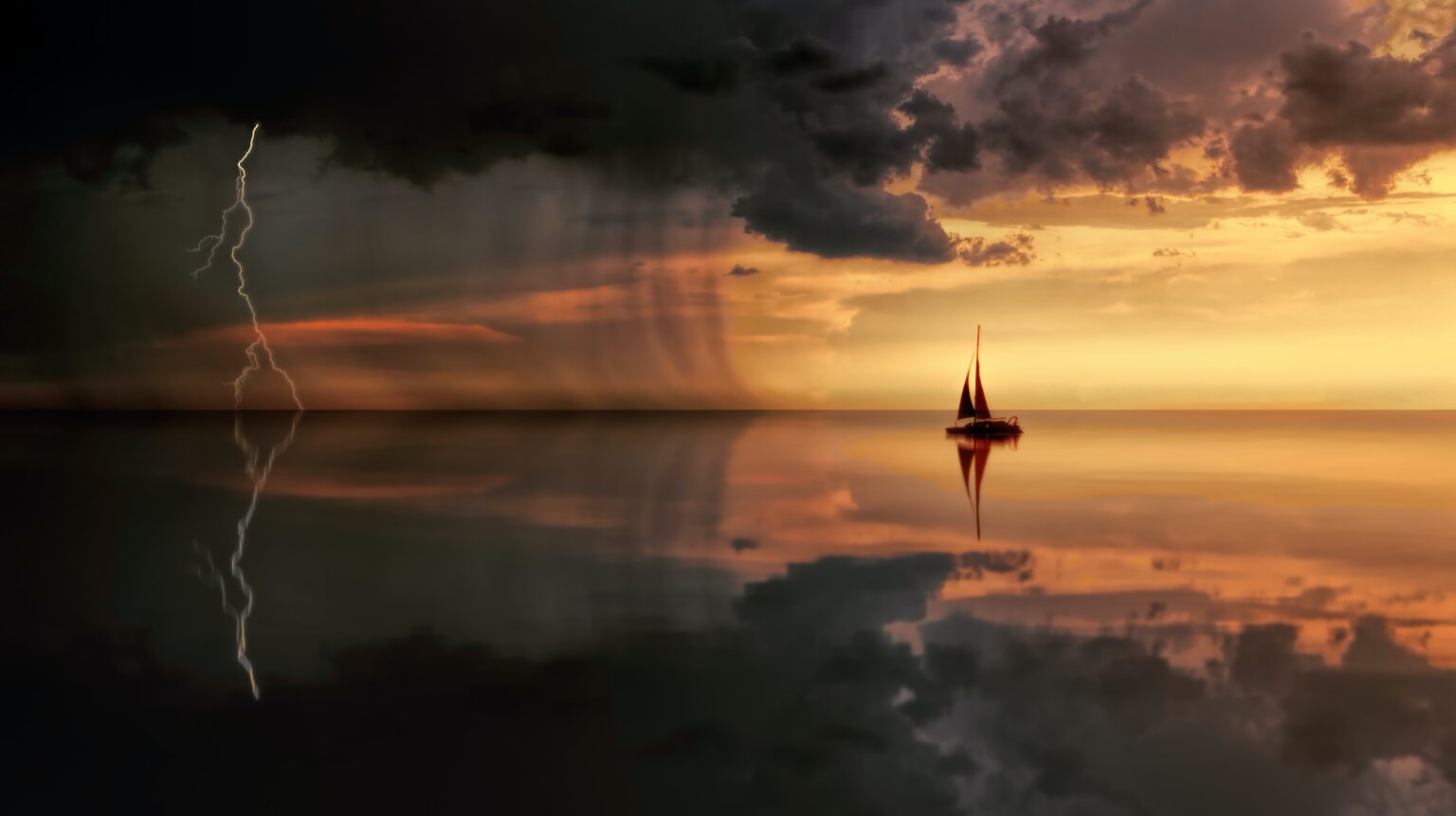 Sailboat on calm water with approaching storm